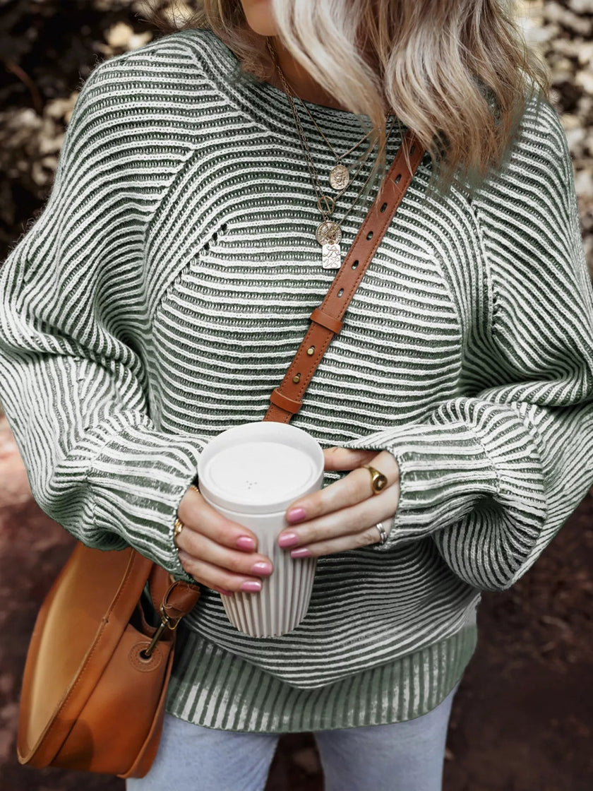 Striped Ribbed Knit Boat Neck Baggy Sweater - FLORENTINE IRIS
