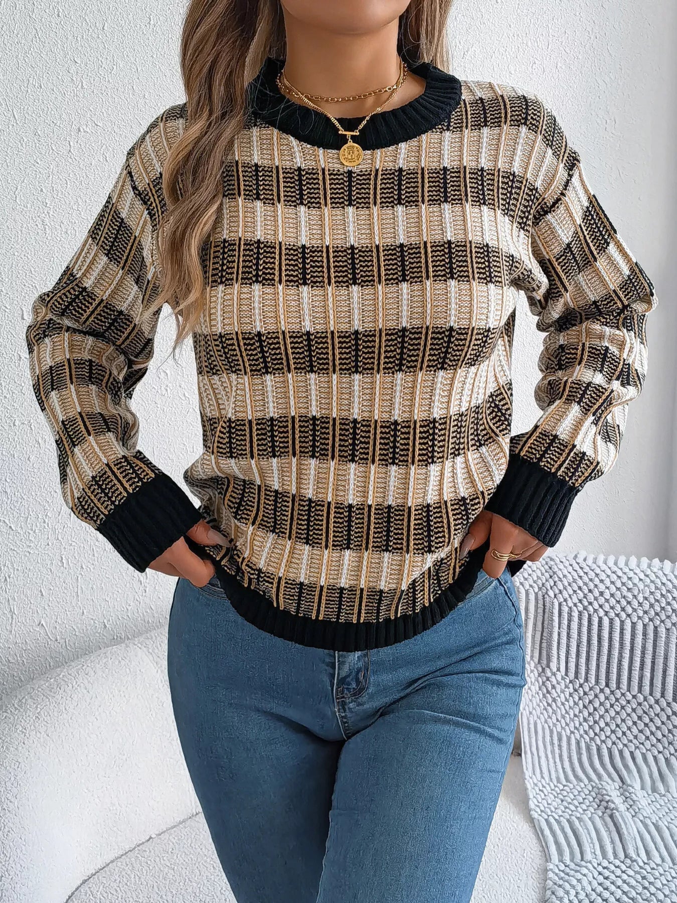 Striped Round Neck Long Sleeve Sweater - FLORENTINE IRIS