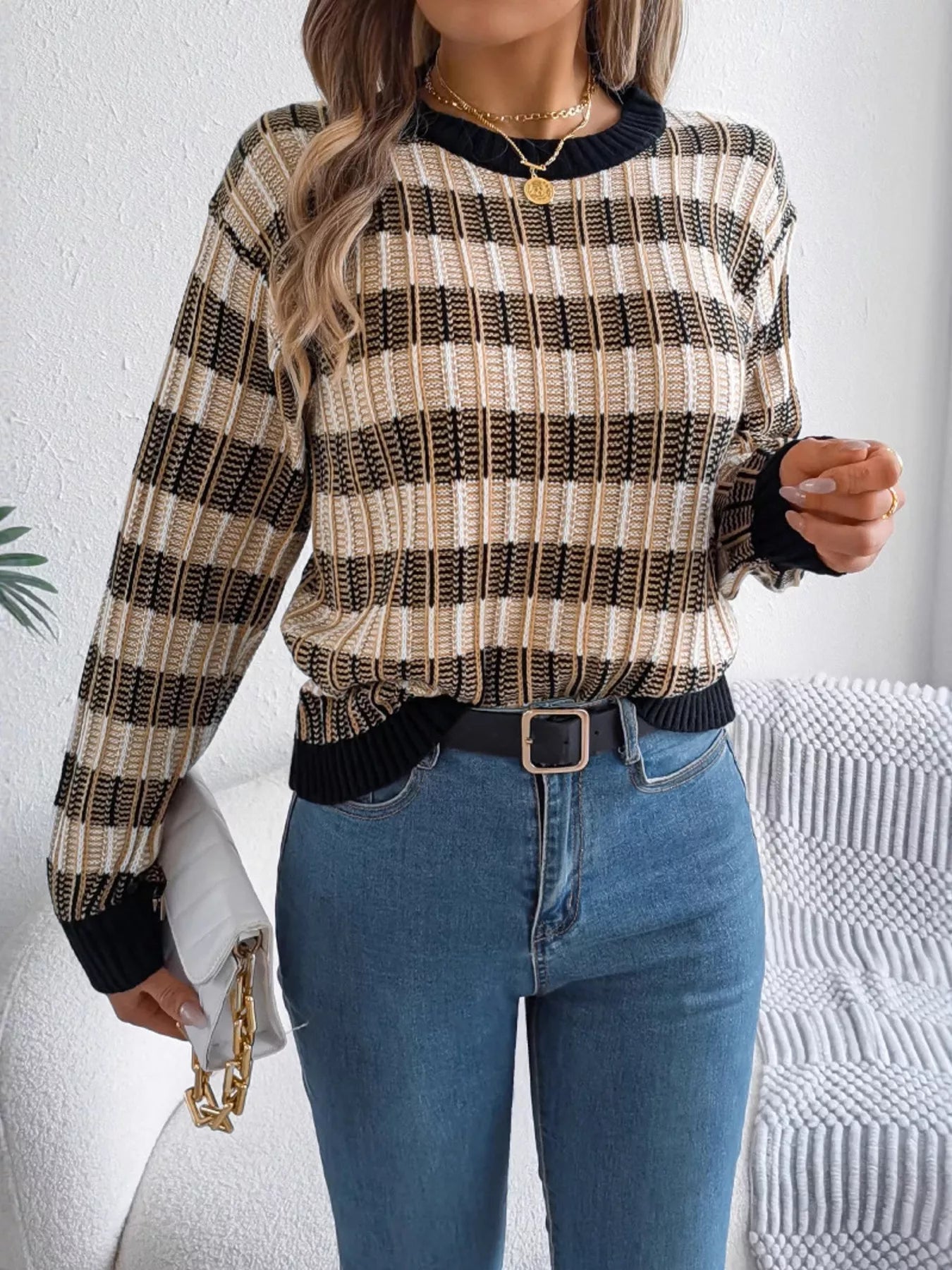 Striped Round Neck Long Sleeve Sweater - FLORENTINE IRIS
