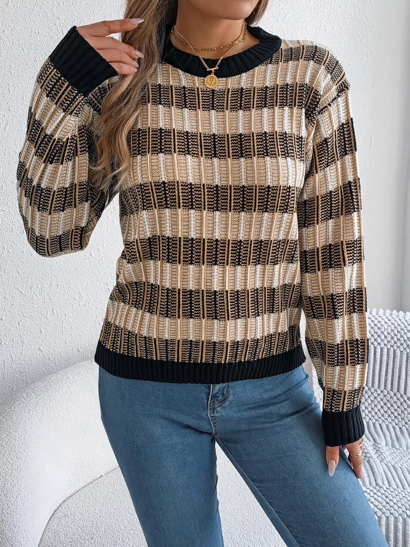 Striped Round Neck Long Sleeve Sweater - FLORENTINE IRIS