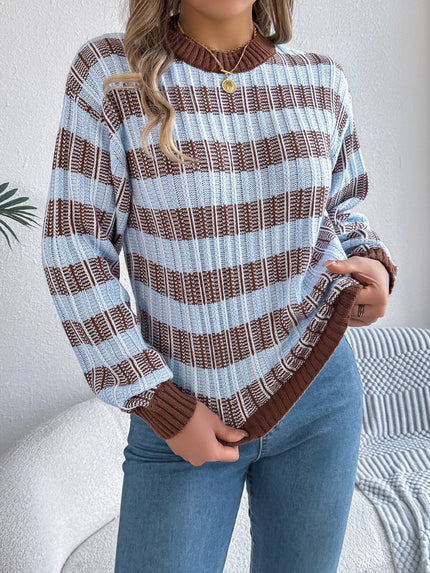 Striped Round Neck Long Sleeve Sweater - FLORENTINE IRIS