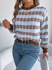 Striped Round Neck Long Sleeve Sweater - FLORENTINE IRIS