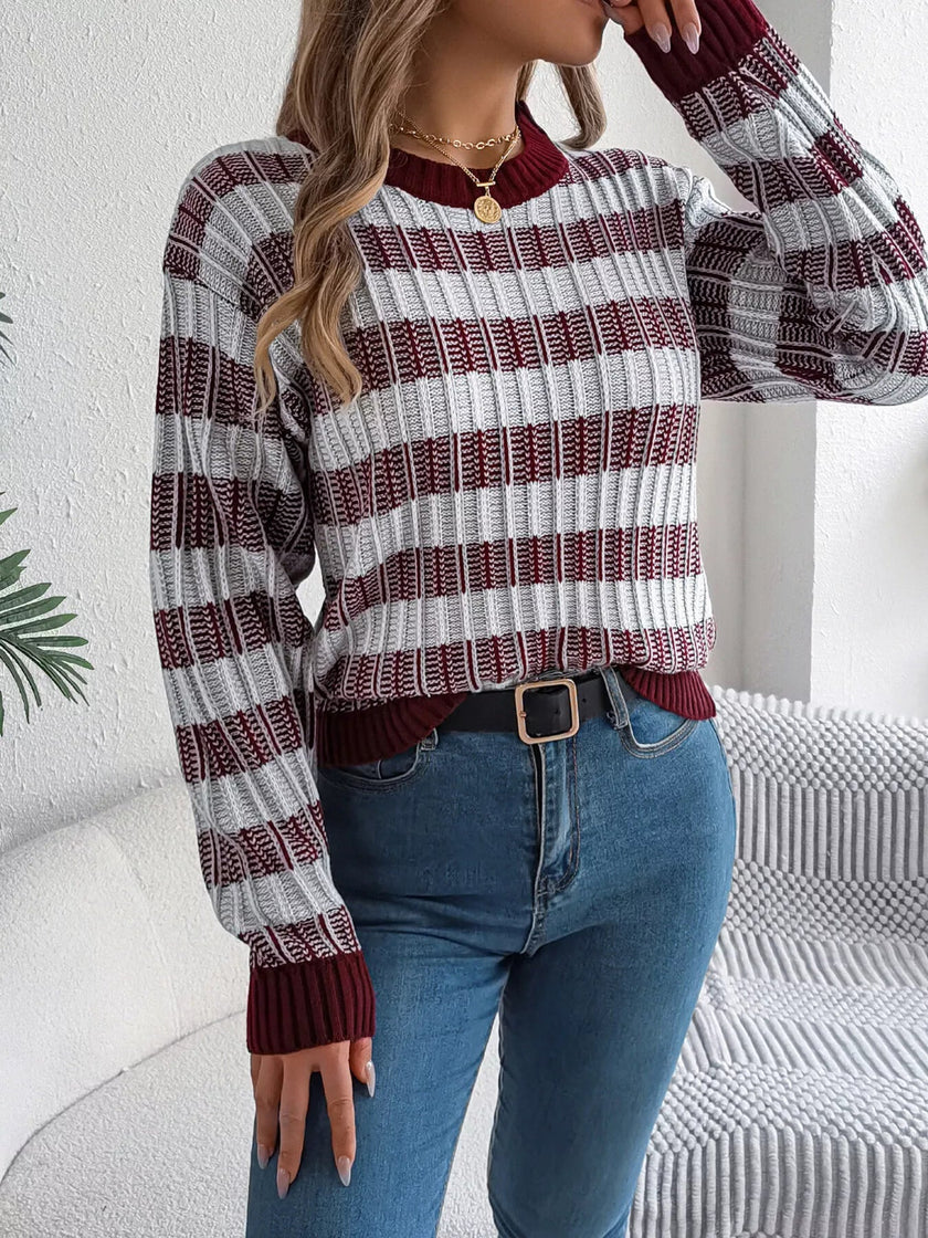 Striped Round Neck Long Sleeve Sweater - FLORENTINE IRIS