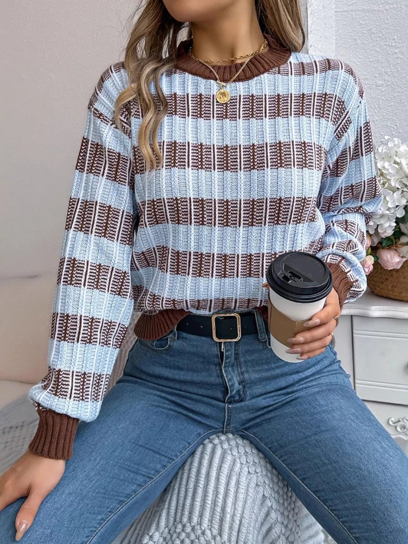Striped Round Neck Long Sleeve Sweater - FLORENTINE IRIS