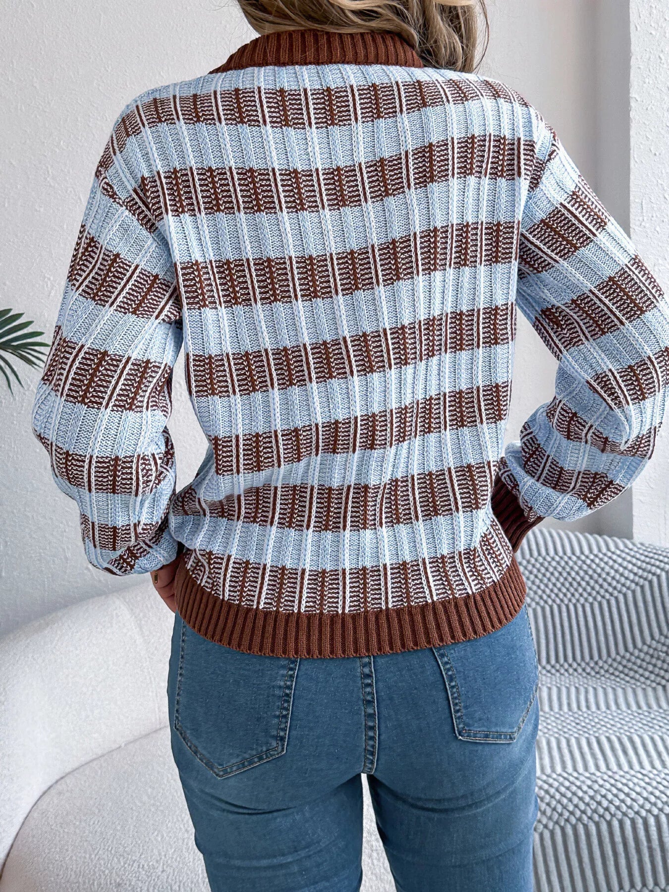 Striped Round Neck Long Sleeve Sweater - FLORENTINE IRIS