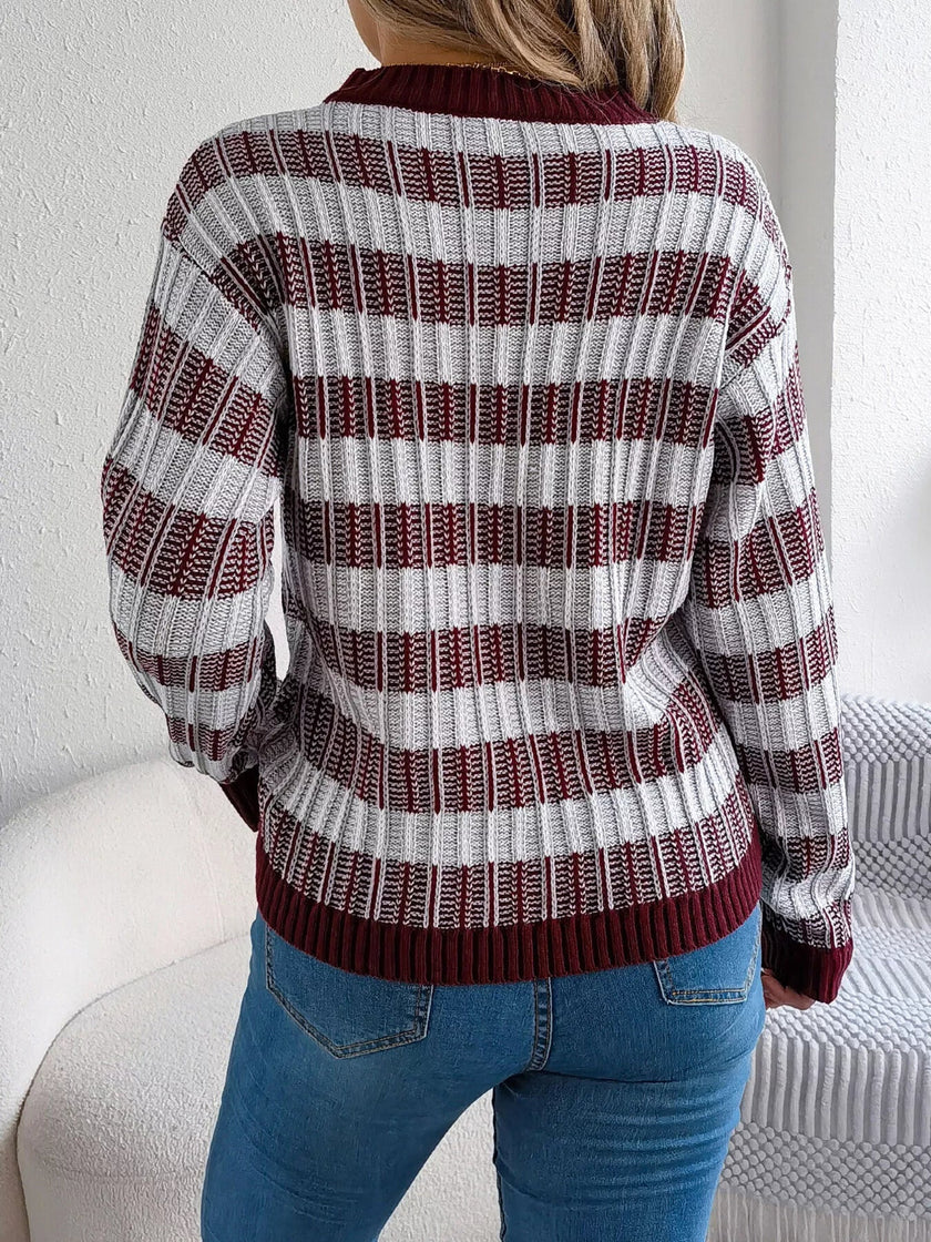 Striped Round Neck Long Sleeve Sweater - FLORENTINE IRIS