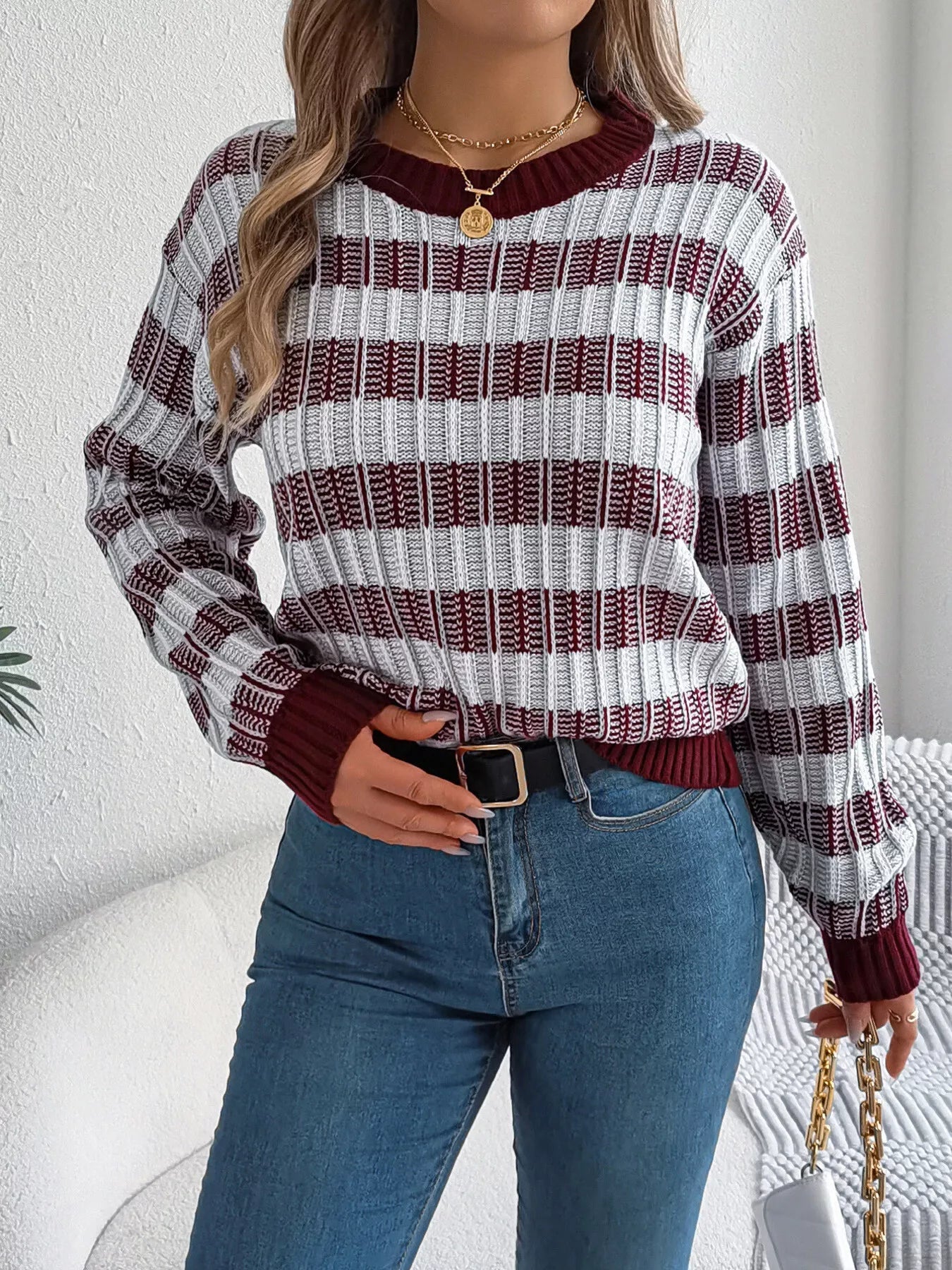 Striped Round Neck Long Sleeve Sweater - FLORENTINE IRIS