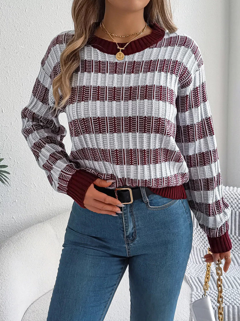 Striped Round Neck Long Sleeve Sweater - FLORENTINE IRIS