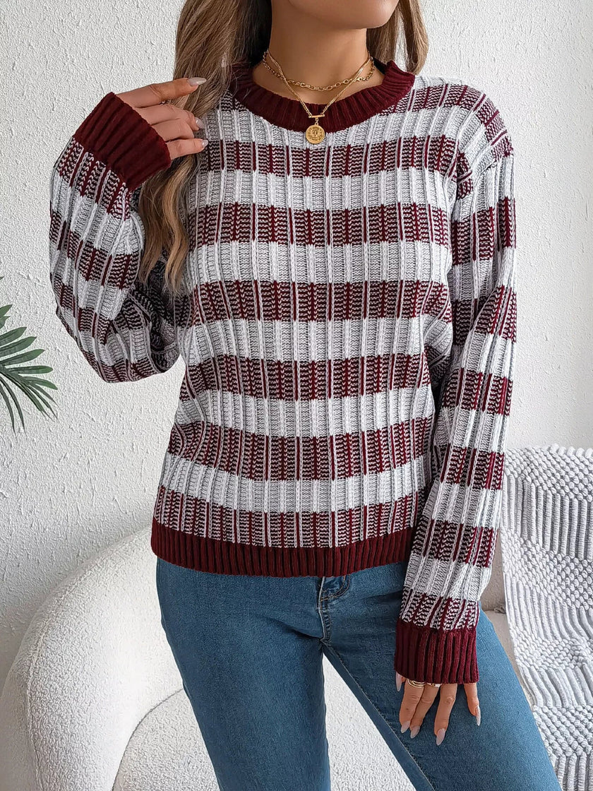 Striped Round Neck Long Sleeve Sweater - FLORENTINE IRIS