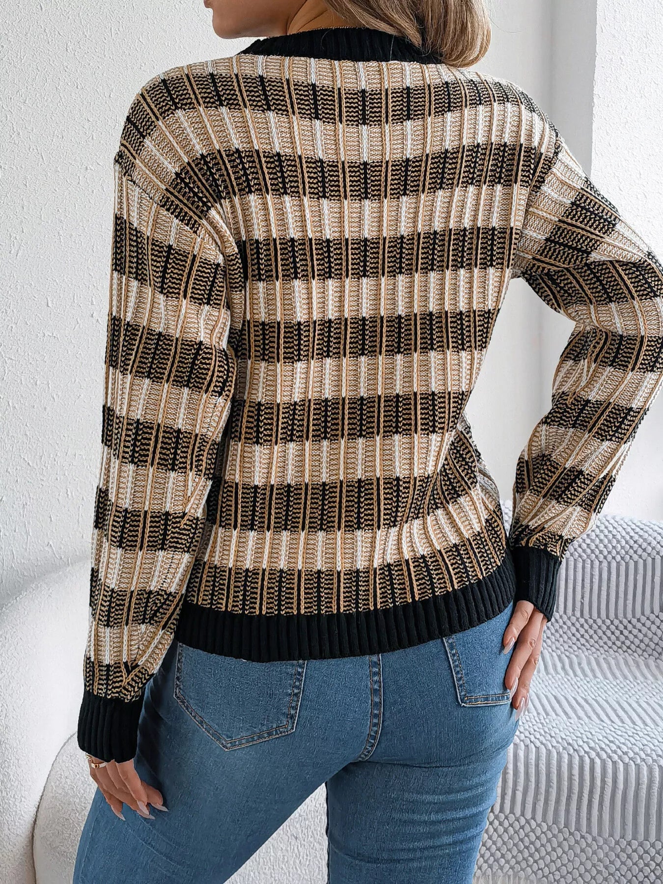 Striped Round Neck Long Sleeve Sweater - FLORENTINE IRIS