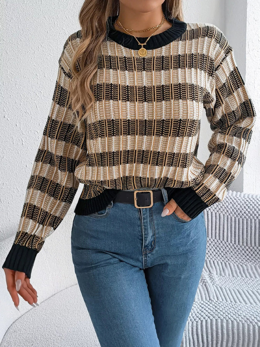 Striped Round Neck Long Sleeve Sweater - FLORENTINE IRIS