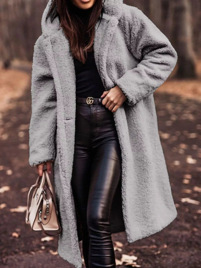 Teddy Bear Hooded Longline Outerwear - FLORENTINE IRIS