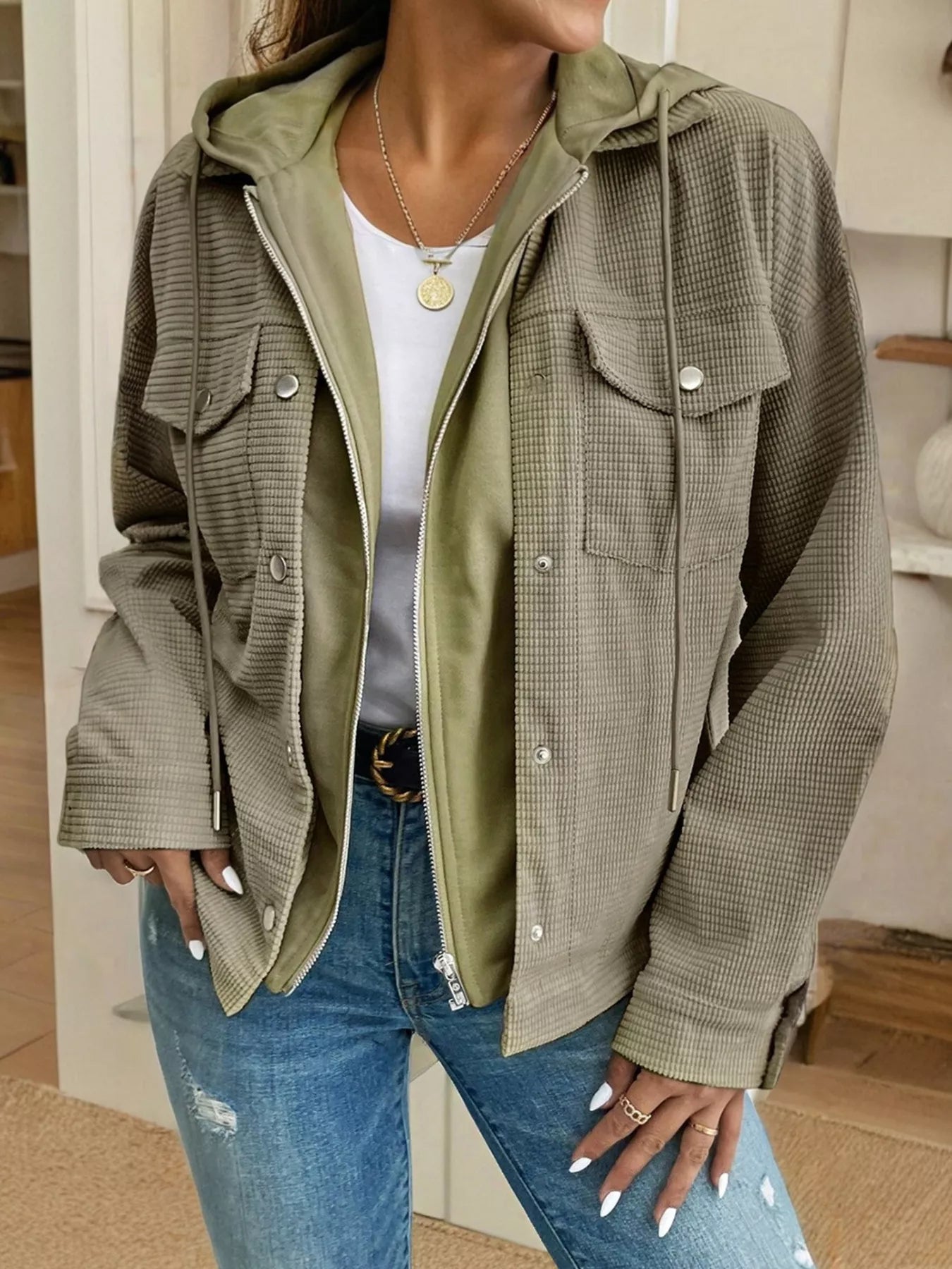 Thermal Knit Textured Hooded Jacket - FLORENTINE IRIS