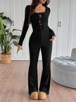 Tie Front Long Sleeve Flare Jumpsuit - FLORENTINE IRIS