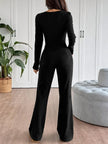 Tie Front Long Sleeve Flare Jumpsuit - FLORENTINE IRIS