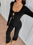 Tie Front Long Sleeve Flare Jumpsuit - FLORENTINE IRIS