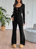 Tie Front Long Sleeve Flare Jumpsuit - FLORENTINE IRIS