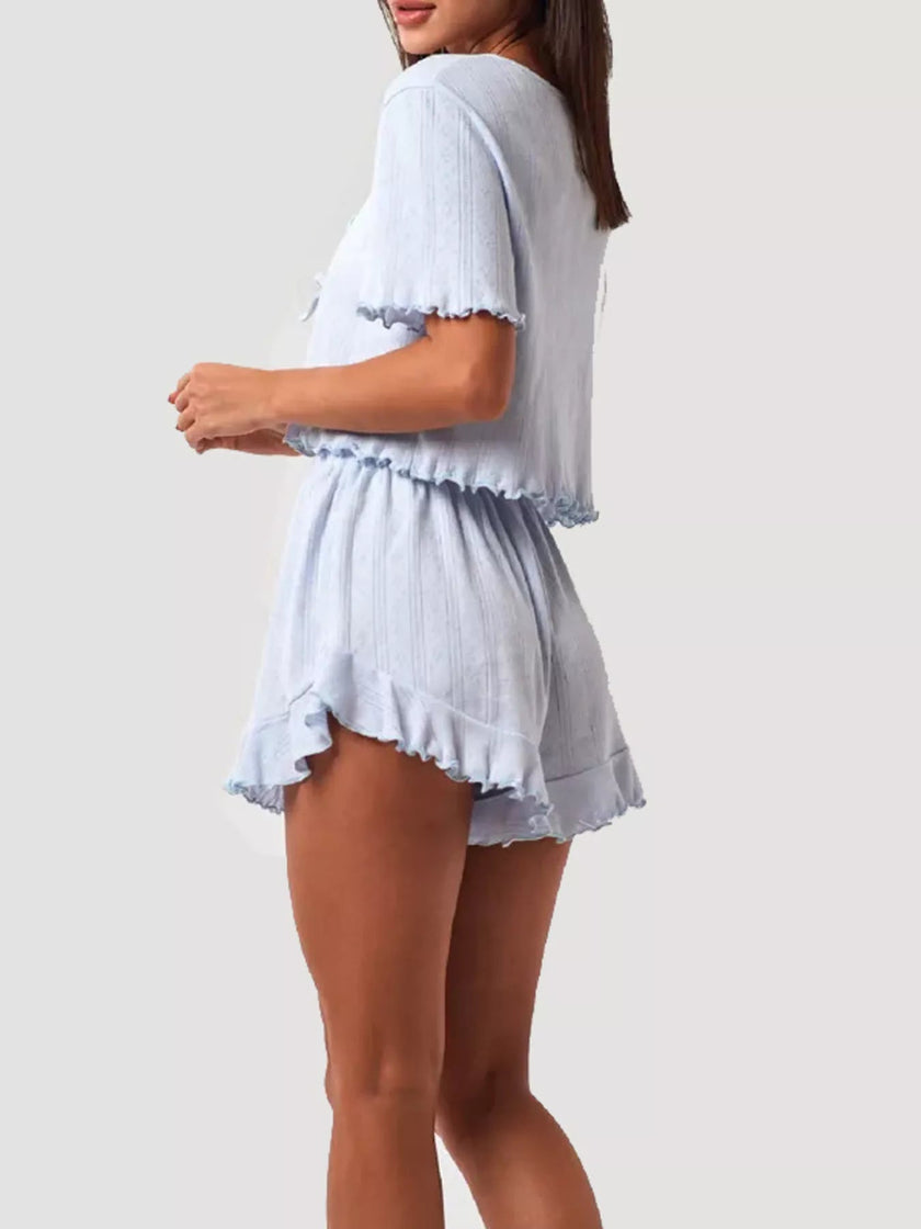 Tie Front Top and Ruffled Hem Shorts Set - FLORENTINE IRIS