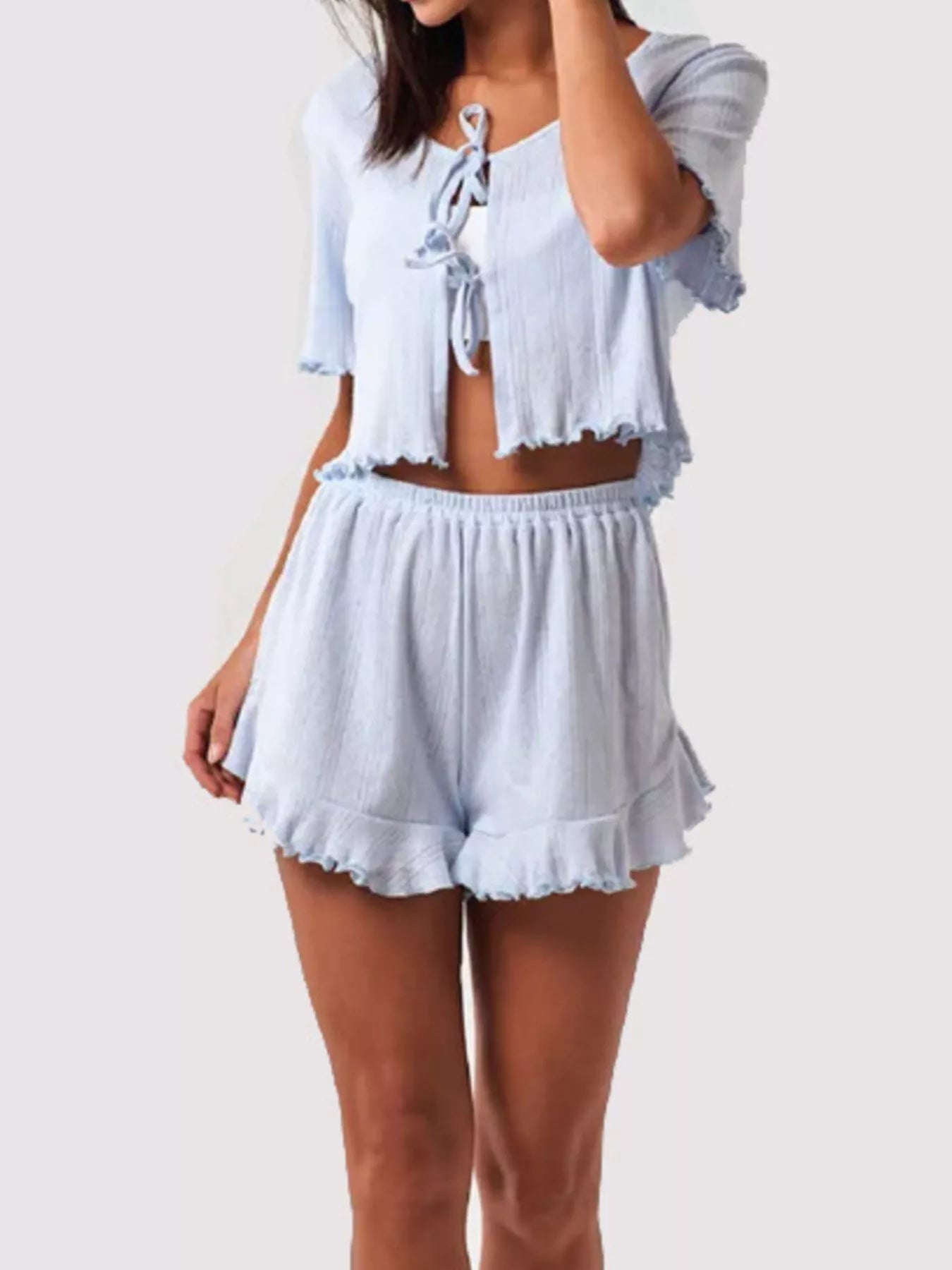 Tie Front Top and Ruffled Hem Shorts Set - FLORENTINE IRIS