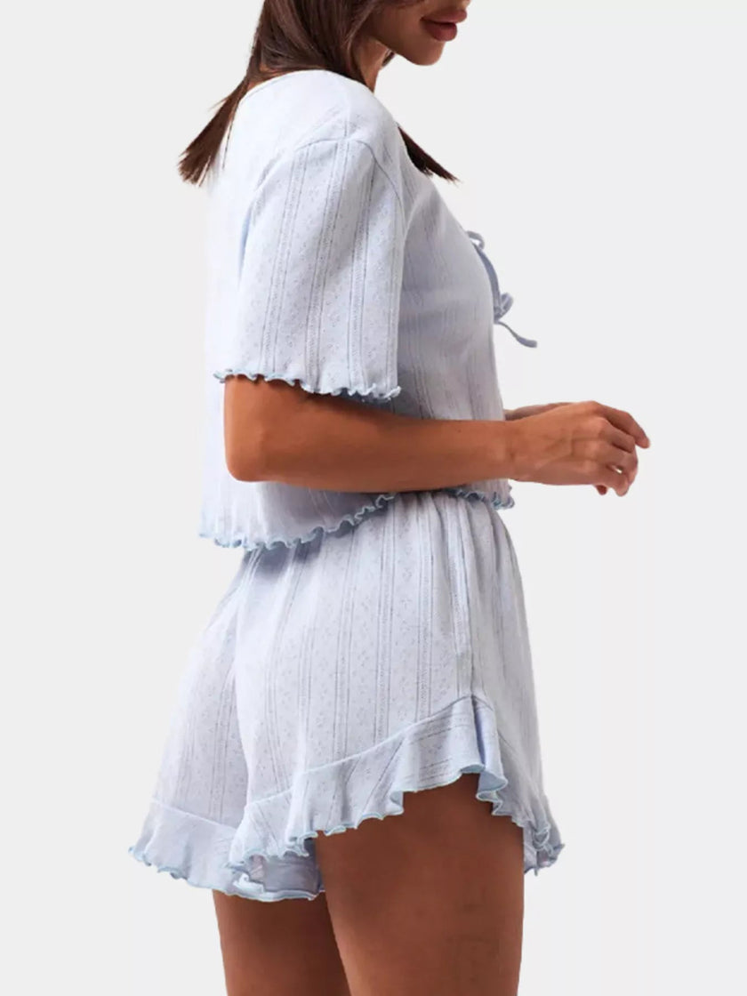 Tie Front Top and Ruffled Hem Shorts Set - FLORENTINE IRIS