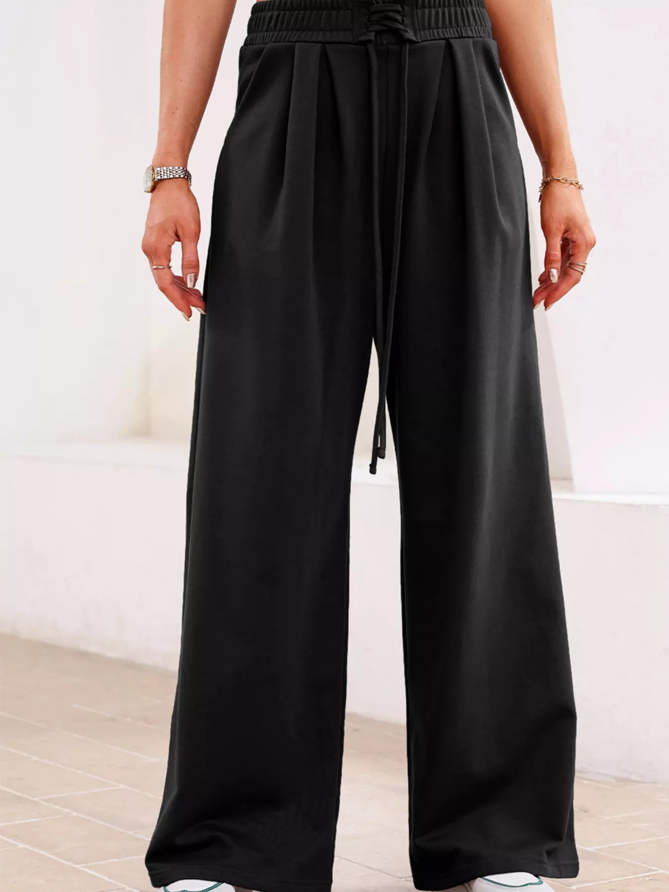 Tied Elastic High Waist Pleated Detail Solid Sweatpants - FLORENTINE IRIS