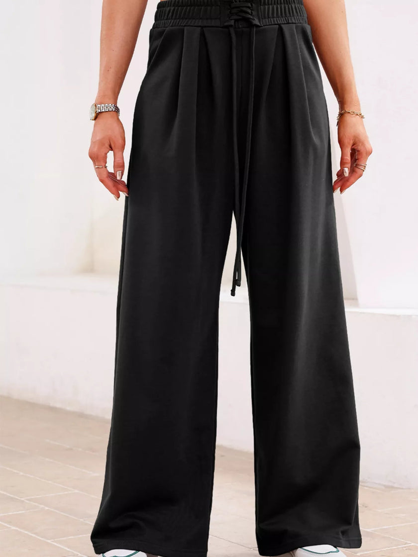 Tied Elastic High Waist Pleated Detail Solid Sweatpants - FLORENTINE IRIS