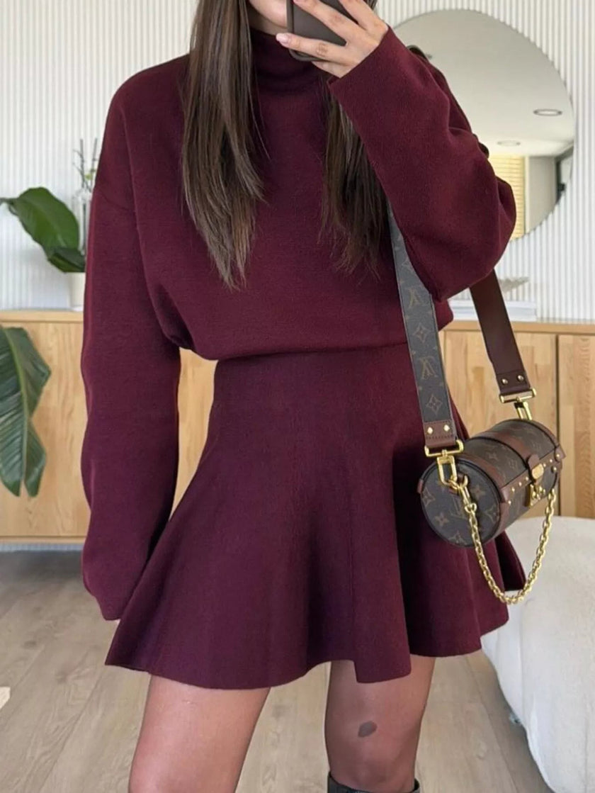 Turtleneck Dropped Shoulder Sweater and Skirt Set - FLORENTINE IRIS