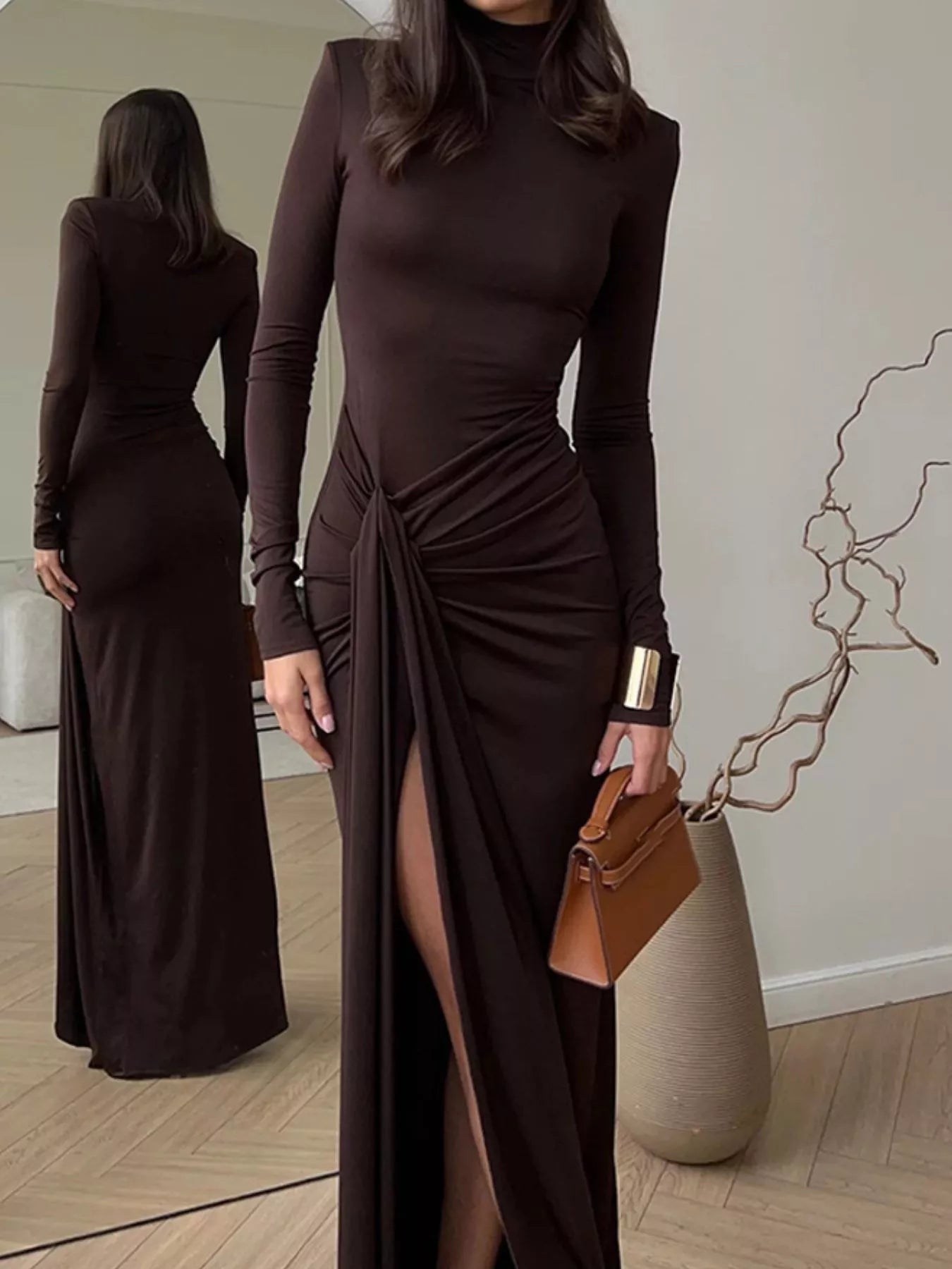 Turtleneck Long Sleeve Slit Maxi Dress - FLORENTINE IRIS