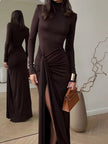 Turtleneck Long Sleeve Slit Maxi Dress - FLORENTINE IRIS