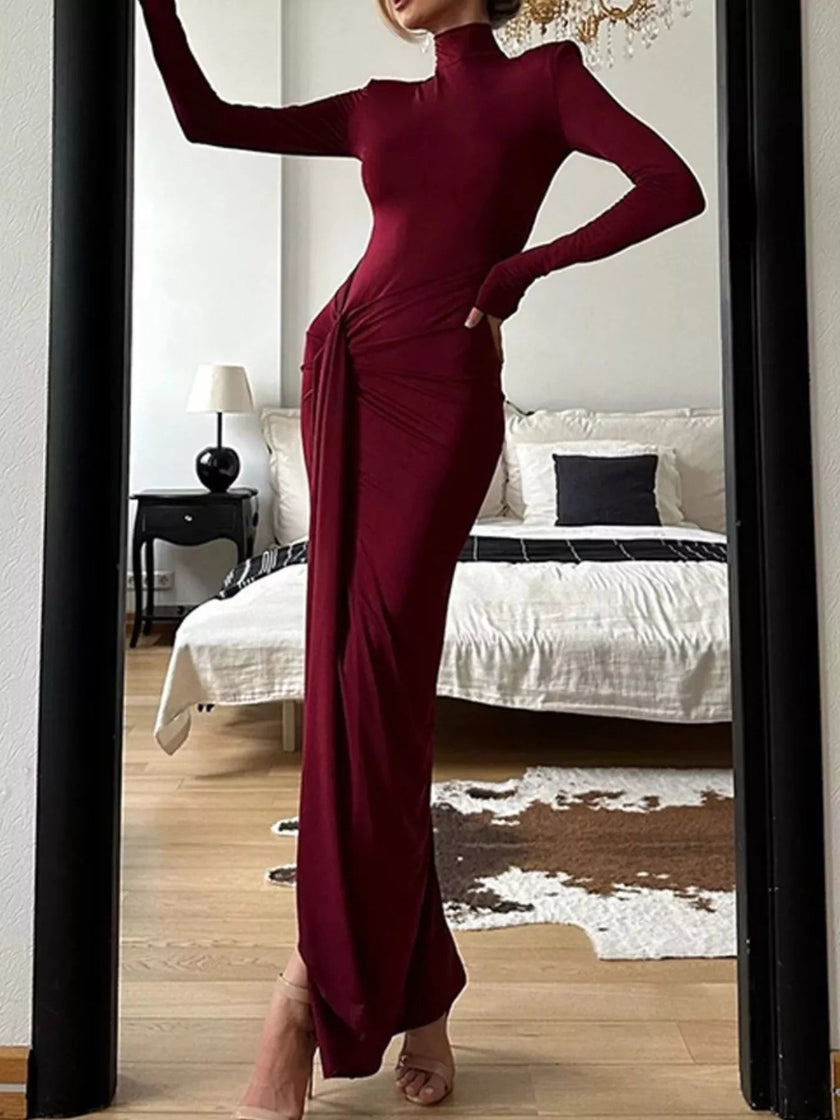 Turtleneck Long Sleeve Slit Maxi Dress - FLORENTINE IRIS