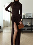 Turtleneck Long Sleeve Slit Maxi Dress - FLORENTINE IRIS
