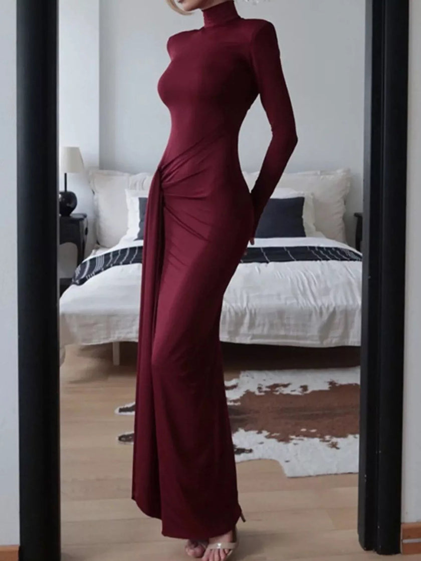 Turtleneck Long Sleeve Slit Maxi Dress - FLORENTINE IRIS