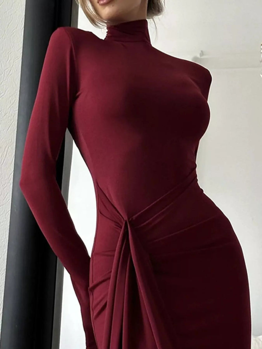 Turtleneck Long Sleeve Slit Maxi Dress - FLORENTINE IRIS