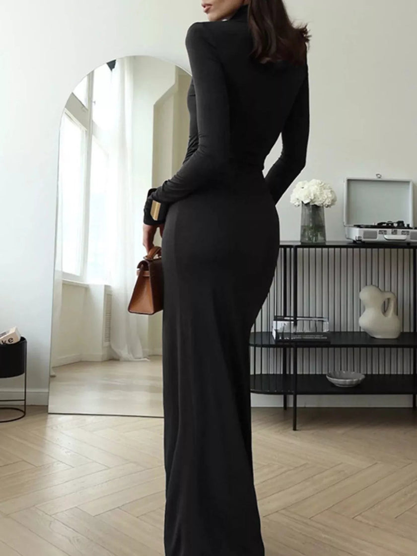 Turtleneck Long Sleeve Slit Maxi Dress - FLORENTINE IRIS