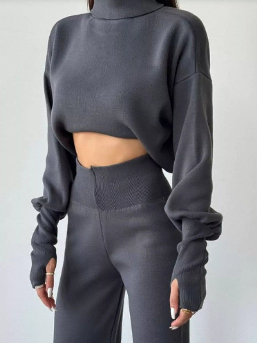 Turtleneck Long Sleeve Top & Pants Set - FLORENTINE IRIS