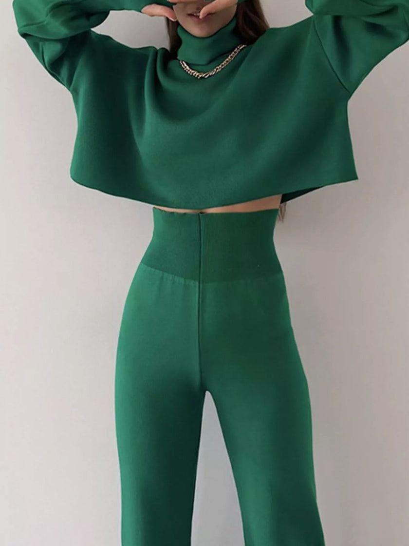 Turtleneck Long Sleeve Top & Pants Set - FLORENTINE IRIS