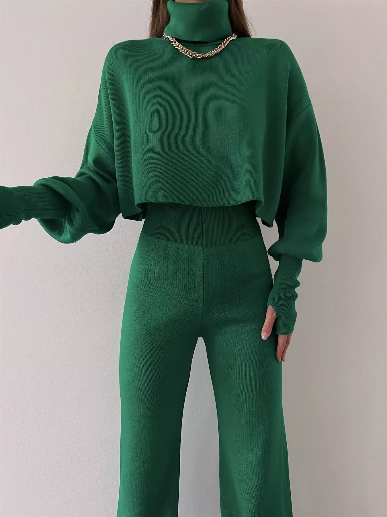 Turtleneck Long Sleeve Top & Pants Set - FLORENTINE IRIS