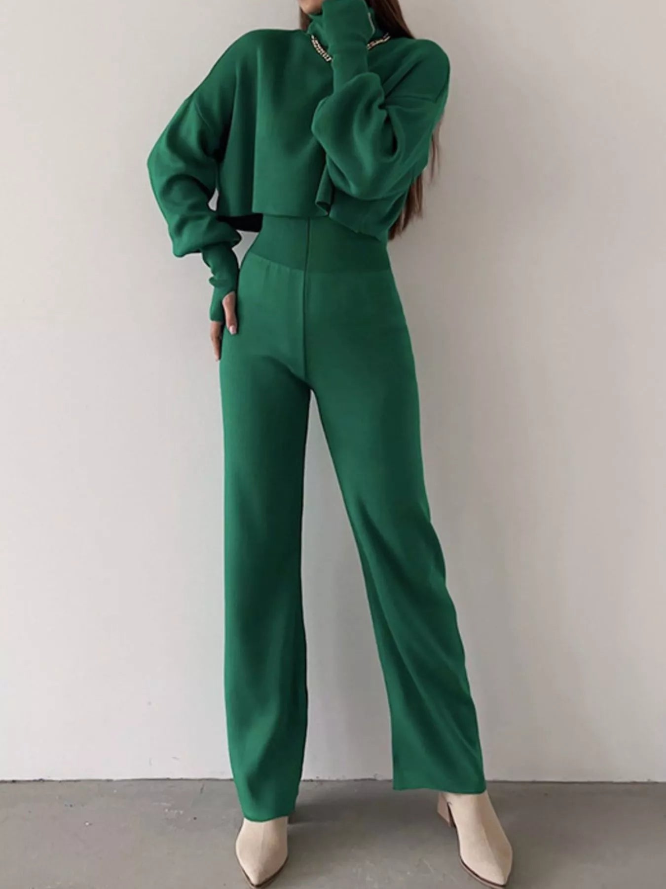 Turtleneck Long Sleeve Top & Pants Set - FLORENTINE IRIS