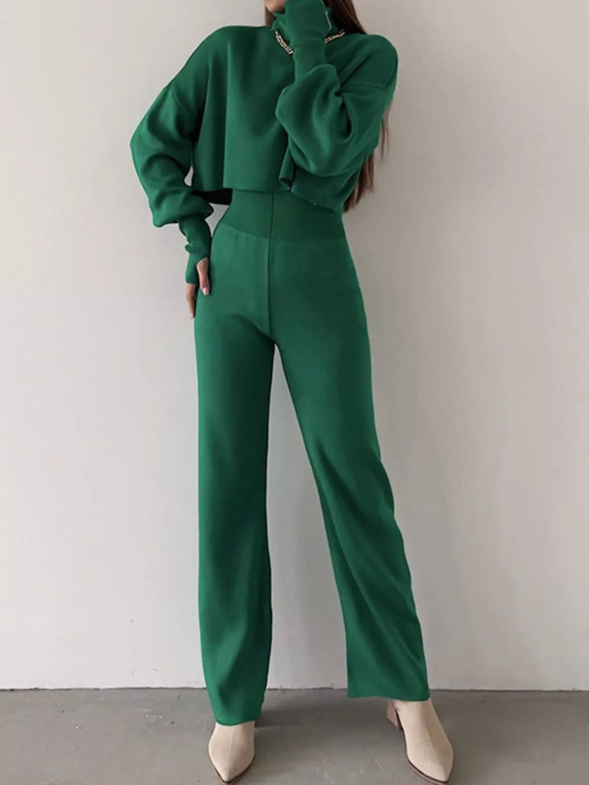 Turtleneck Long Sleeve Top & Pants Set - FLORENTINE IRIS