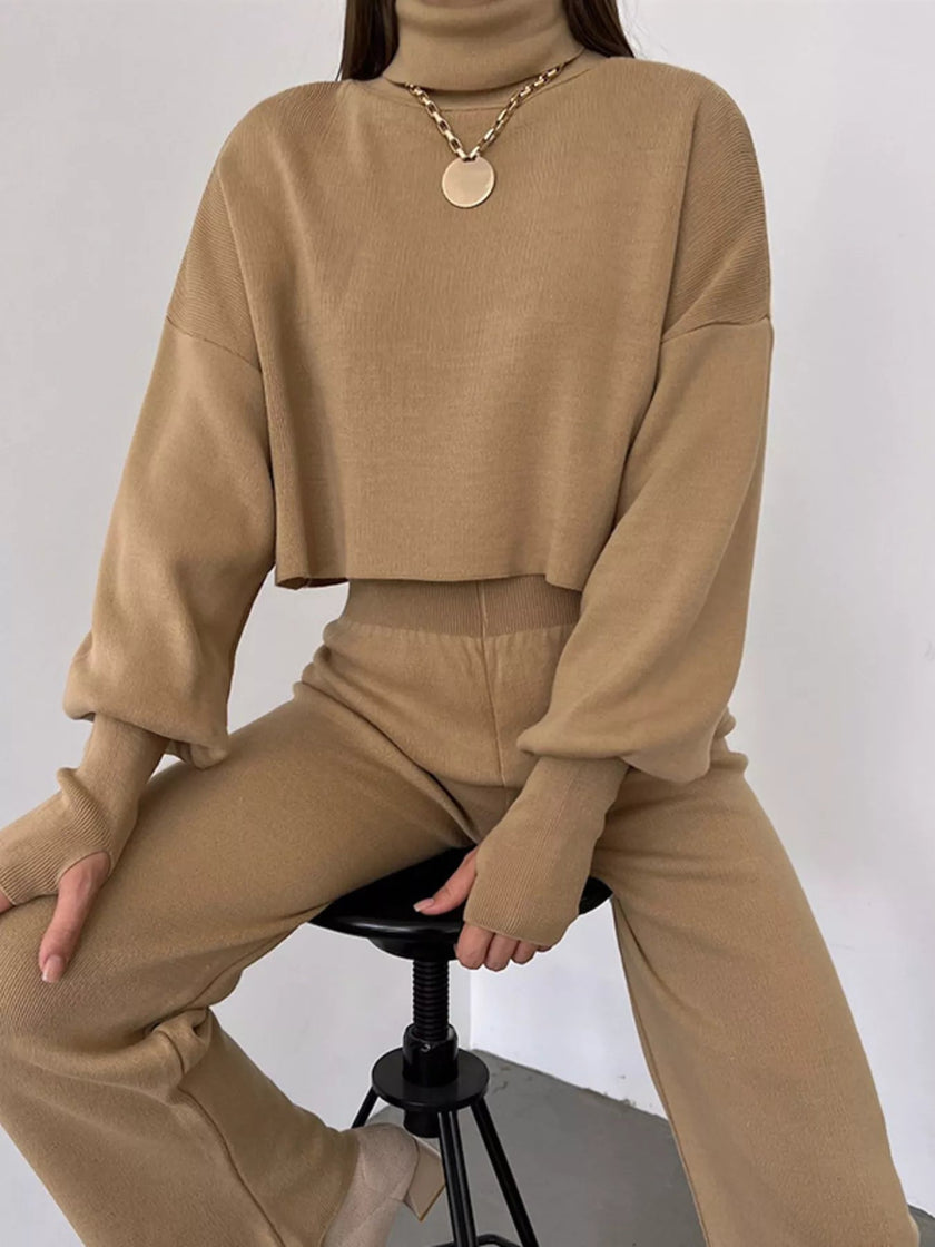 Turtleneck Long Sleeve Top & Pants Set - FLORENTINE IRIS
