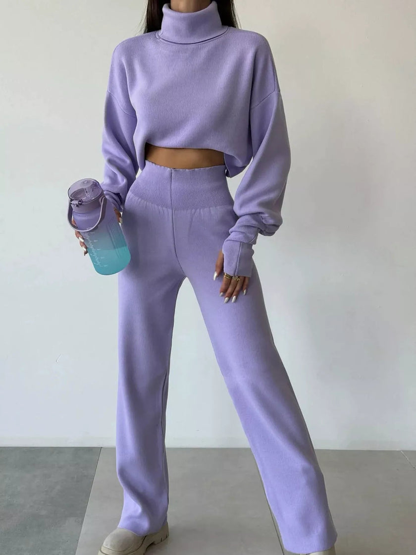 Turtleneck Long Sleeve Top & Pants Set - FLORENTINE IRIS