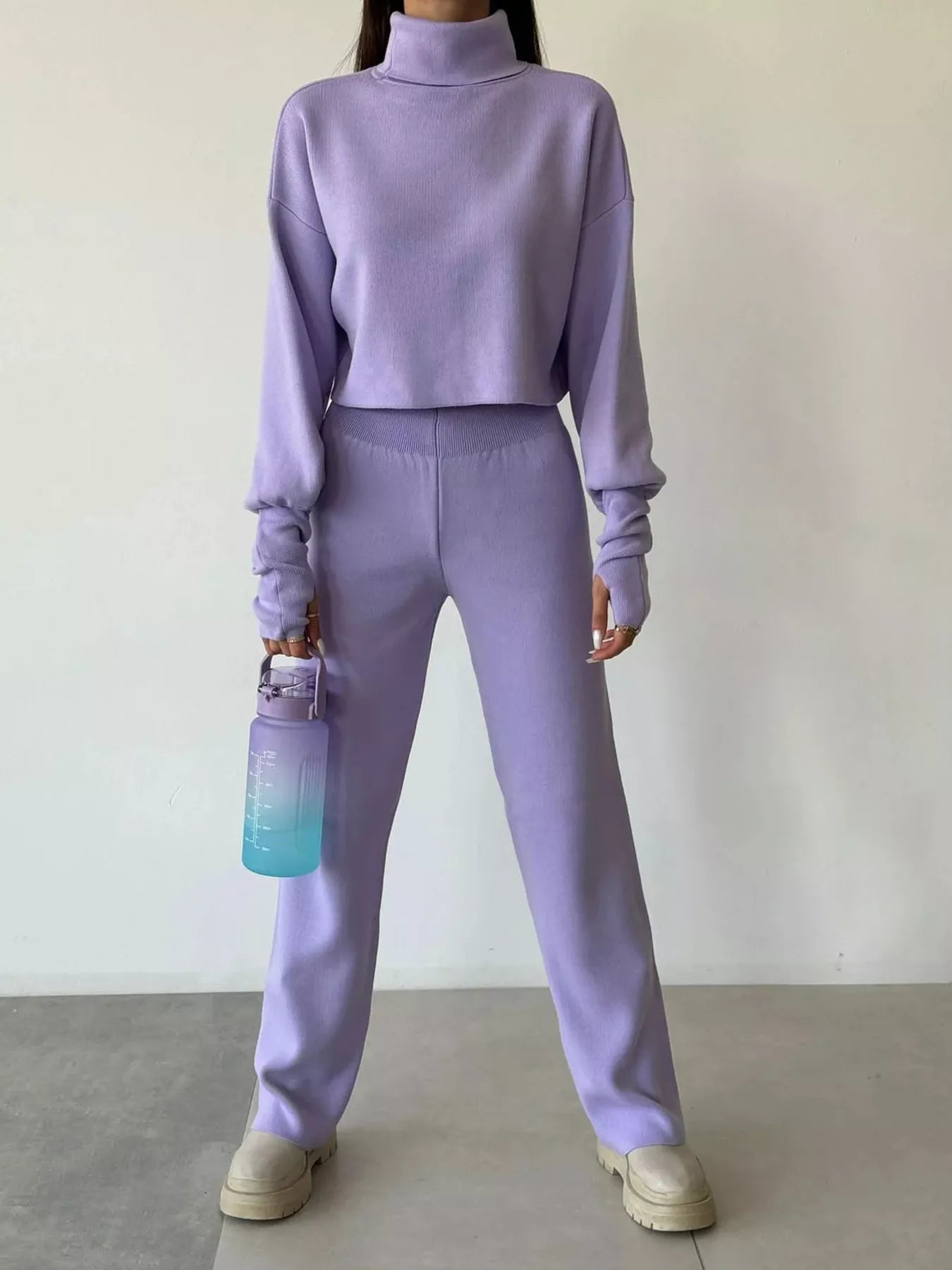Turtleneck Long Sleeve Top & Pants Set - FLORENTINE IRIS