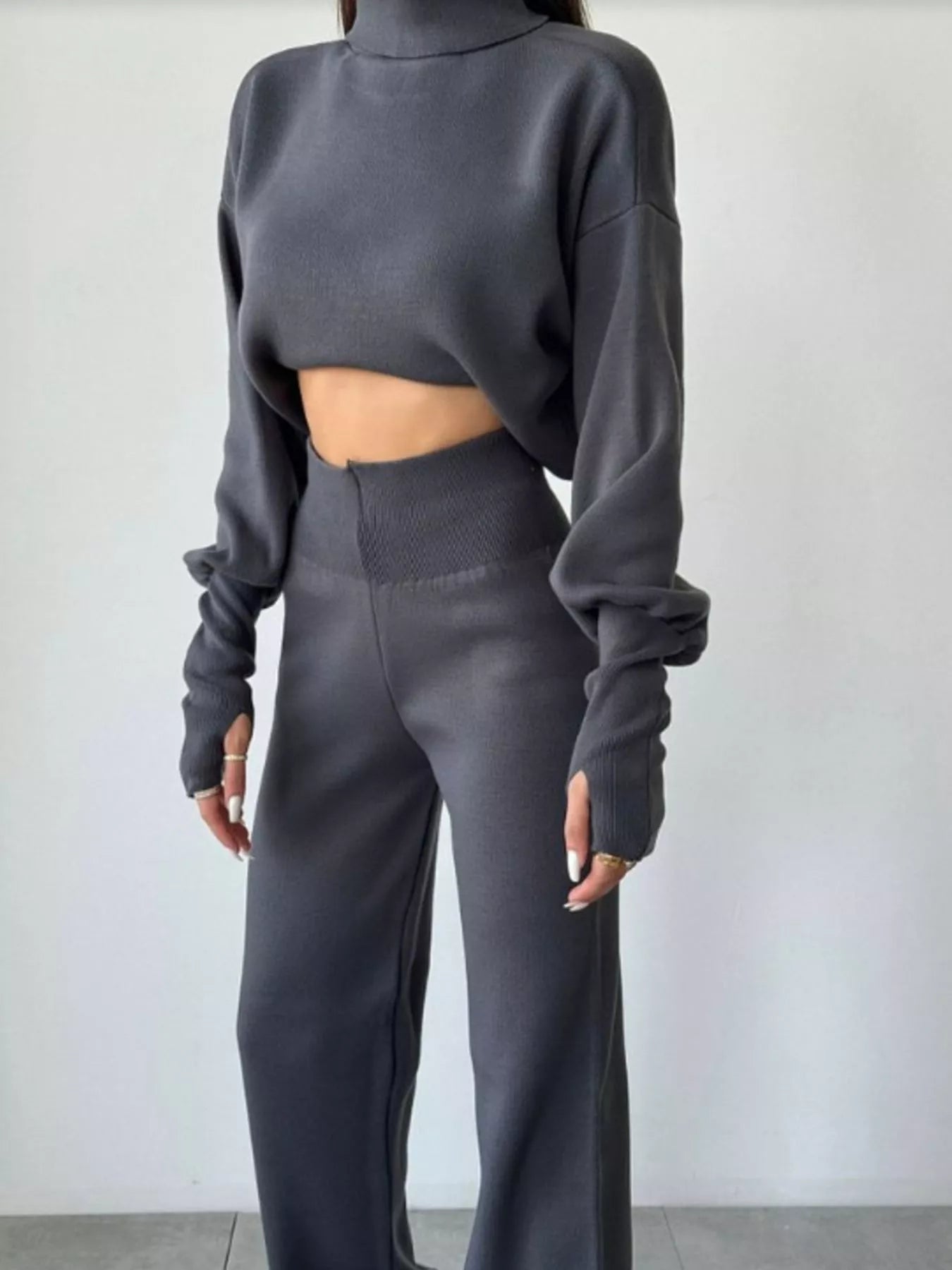 Turtleneck Long Sleeve Top & Pants Set - FLORENTINE IRIS