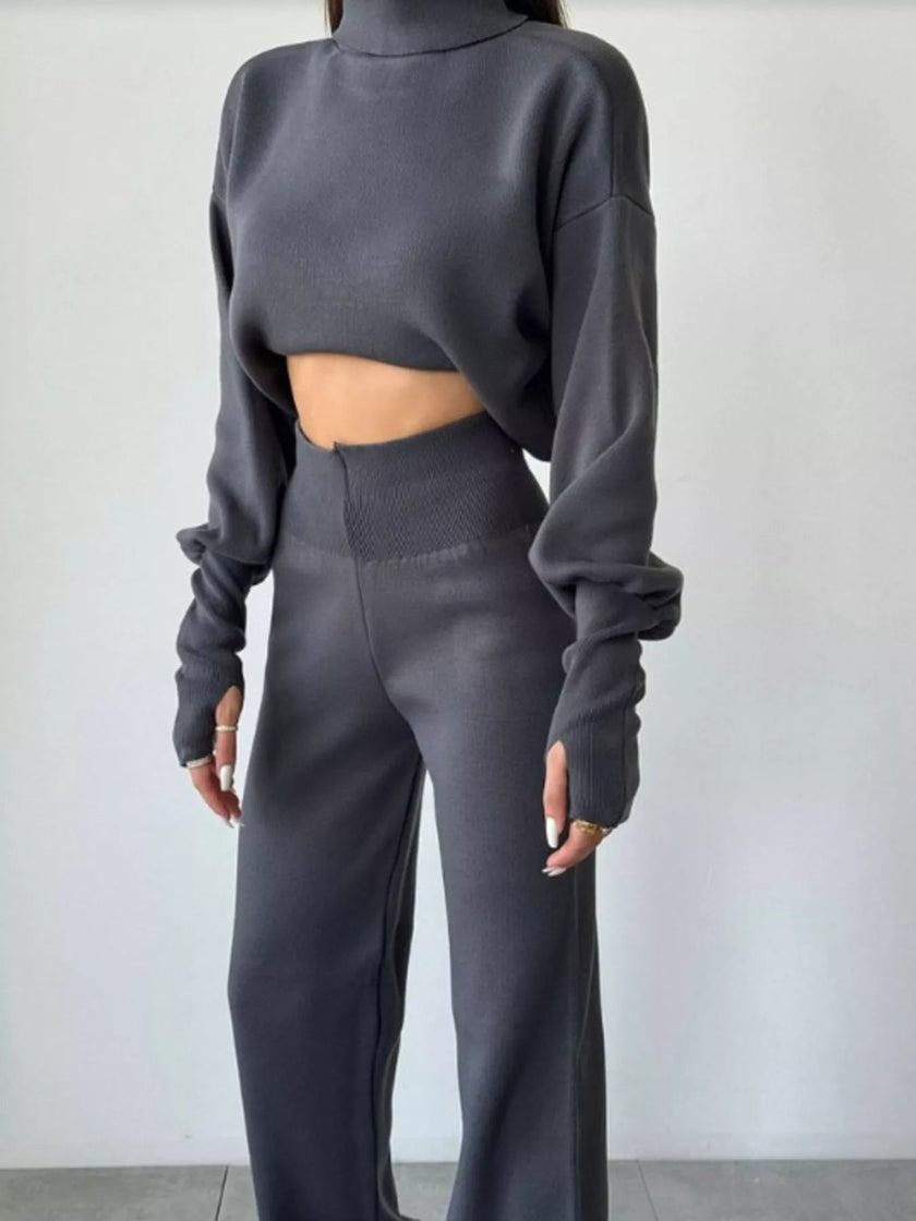 Turtleneck Long Sleeve Top & Pants Set - FLORENTINE IRIS