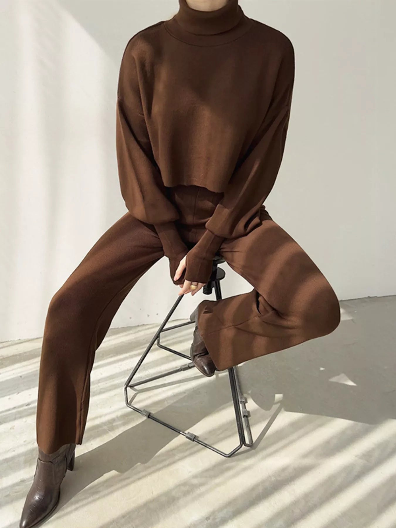 Turtleneck Long Sleeve Top & Pants Set - FLORENTINE IRIS