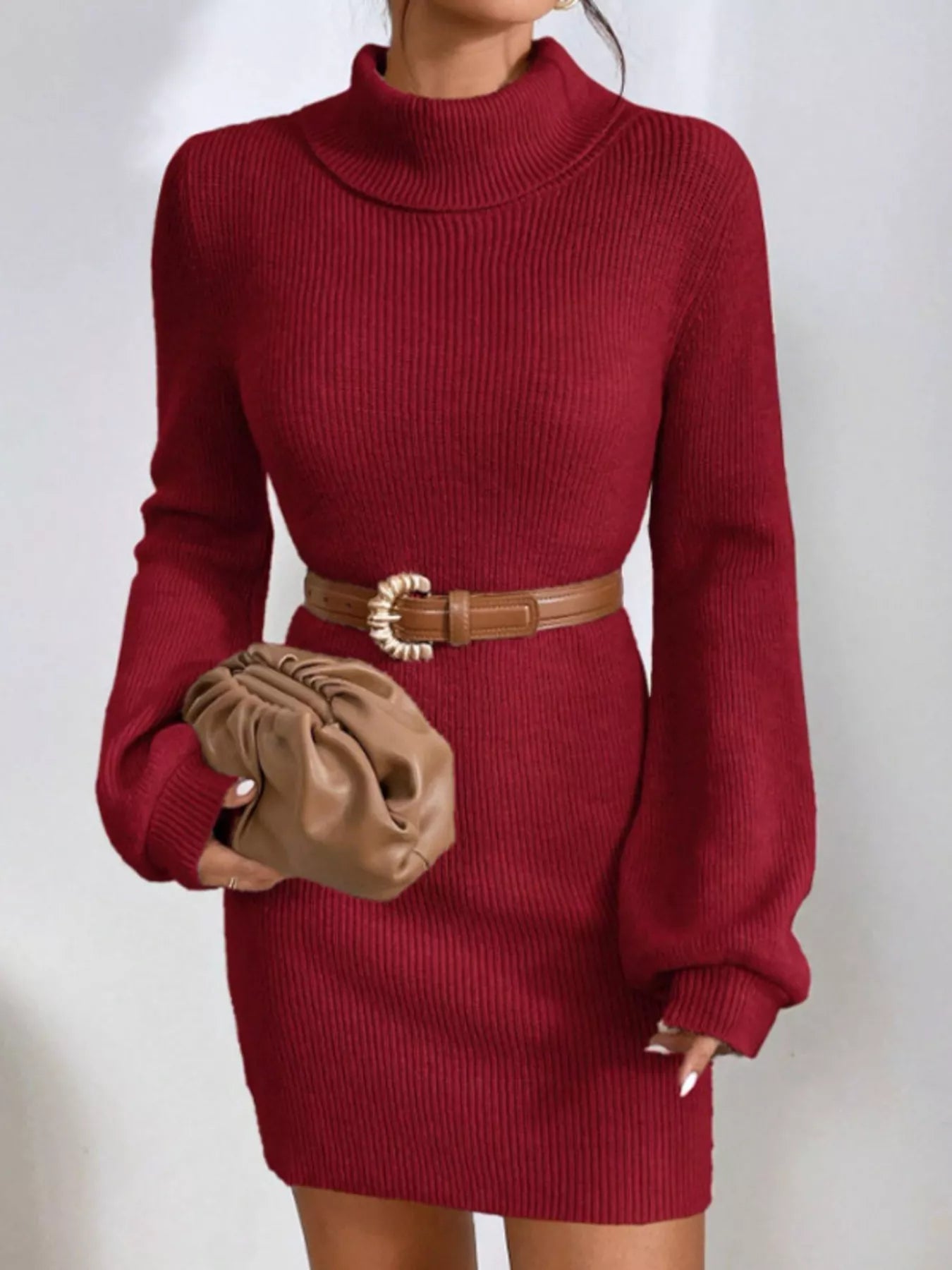 Turtleneck Ribbed Knit Sweater Dress - FLORENTINE IRIS