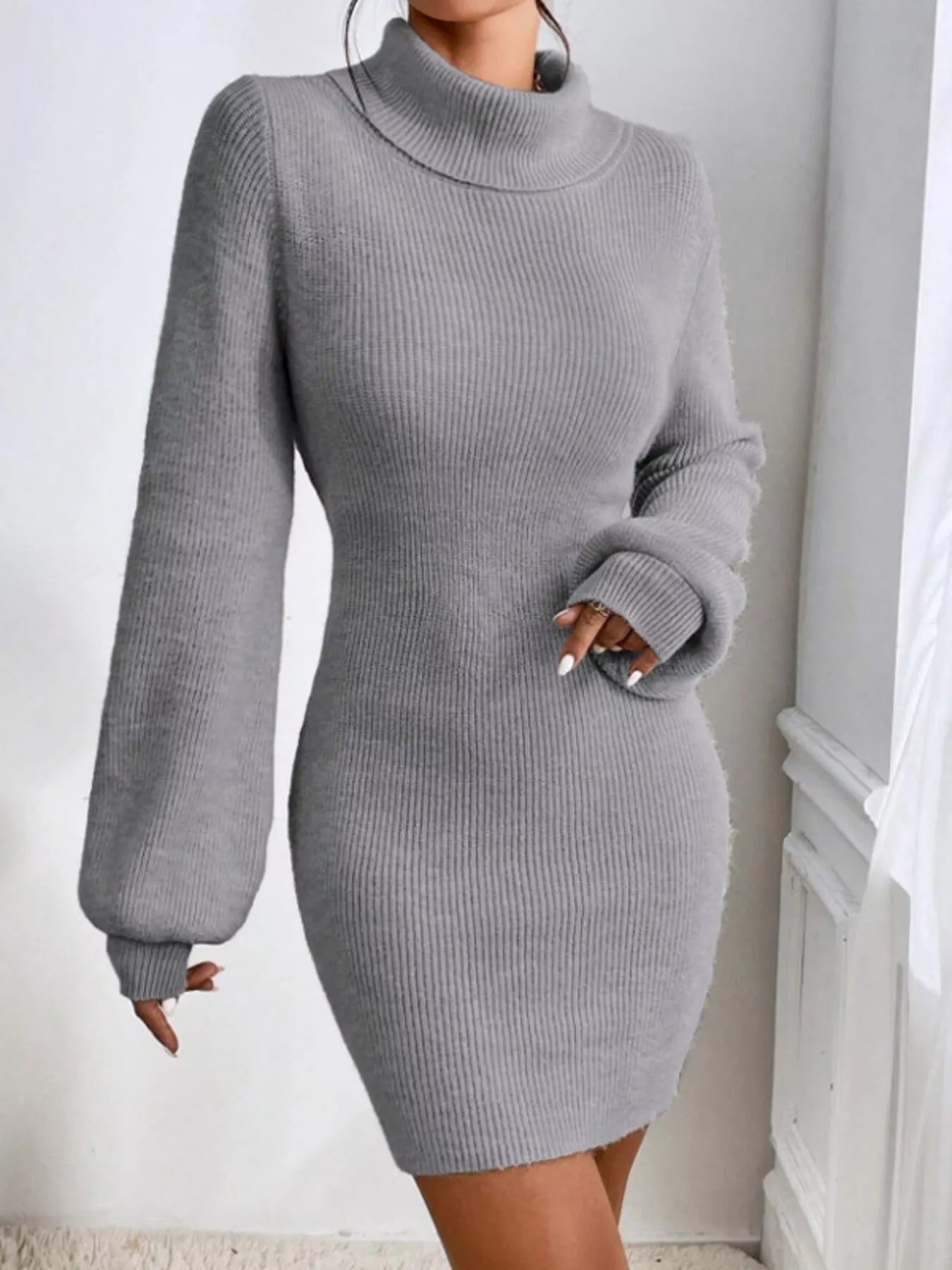 Turtleneck Ribbed Knit Sweater Dress - FLORENTINE IRIS