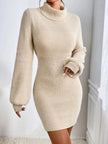 Turtleneck Ribbed Knit Sweater Dress - FLORENTINE IRIS