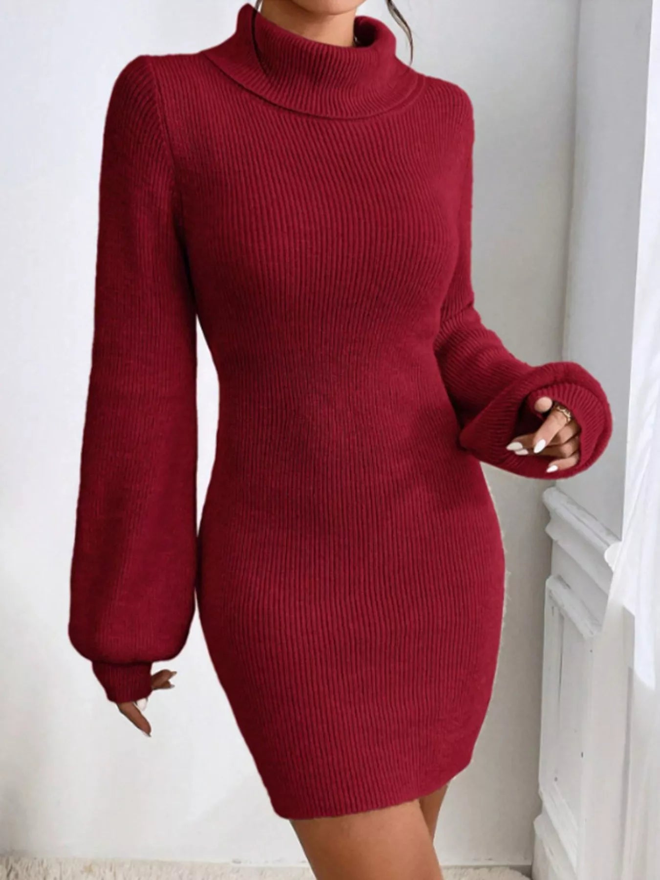 Turtleneck Ribbed Knit Sweater Dress - FLORENTINE IRIS