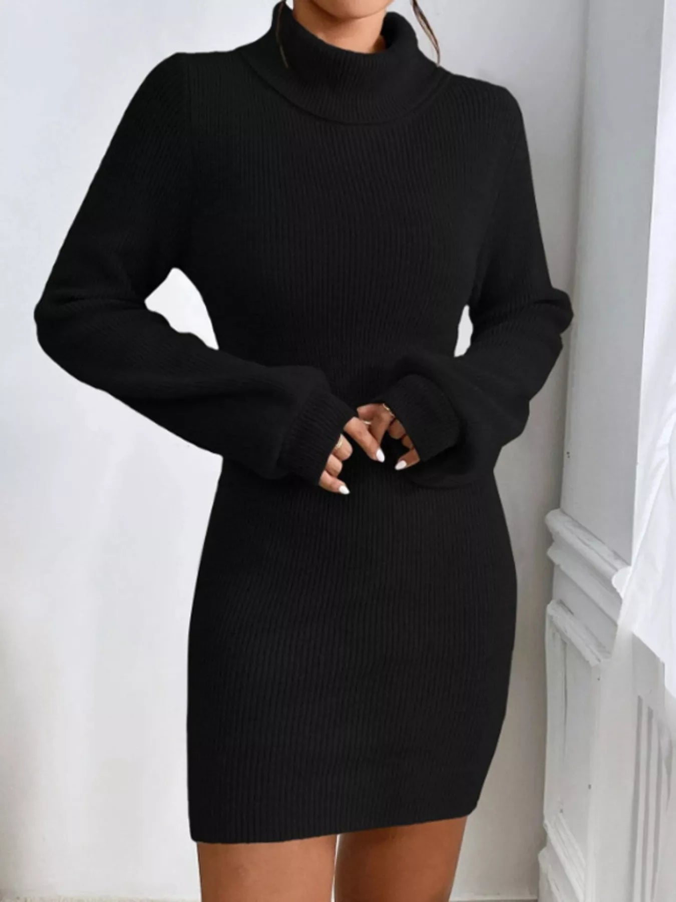 Turtleneck Ribbed Knit Sweater Dress - FLORENTINE IRIS